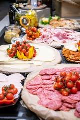 Selection of self service catering continental breakfast buffet display, catering or brunch table