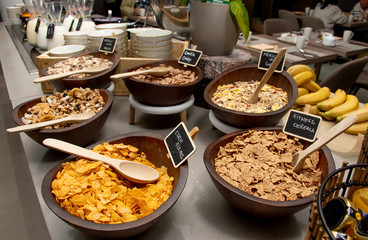 Selection of self service catering continental breakfast buffet display, catering or brunch table