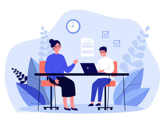 Female teacher checking task of student. Teenager learning with tutor flat vector illustration. Education and examination concept for banner, website design or landing web page