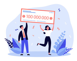 Happy winners holding bank check flat vector illustration. Man and woman winning jackpot for millions dollars. Lottery gain, money prize and grant concept