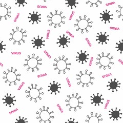 Vector Virus background. Seamless Doodle sketch with virus signs and inscription virus on white background. Pandemic. Health. Vector illustration