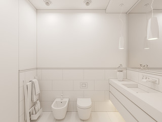 Fototapeta na wymiar 3D render interior of the bathroom in a private cottage. Toilet interior design illustration. Ambient occlusion style