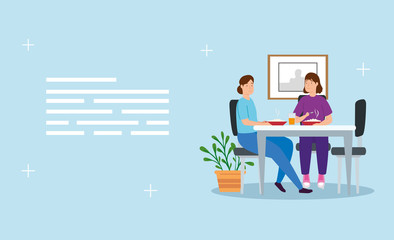 young women couple stay at home eating in table vector illustration design