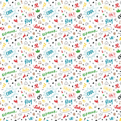 Doodle Seamless Pattern, hand drawn pop art signs and symbols background, Vector Illustration