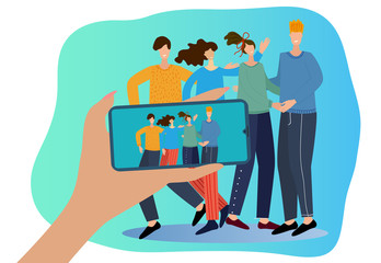 A group of cute young people are filmed on a smartphone.The concept of friendship, social networks.You can use it for posters, banners, and web sites.Flat vector illustration.