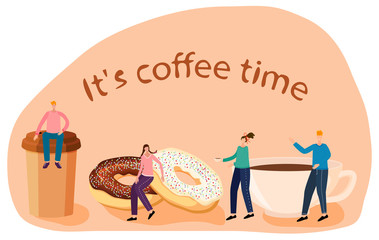 People are going to take a coffee break.The concept of coffee time.In the background, it's coffee time.Flat vector illustration.