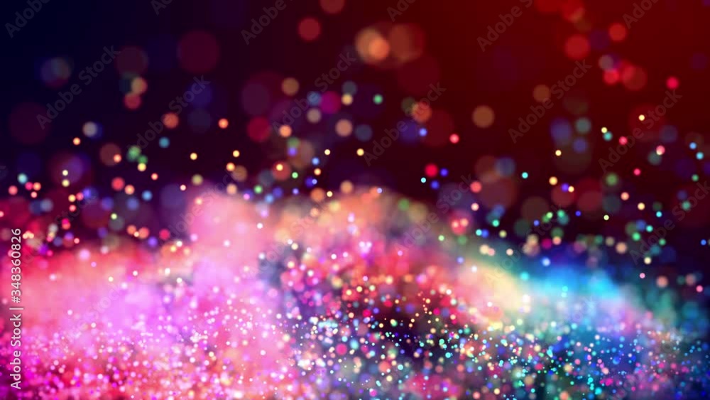 Poster glitter magic multicolored particles fly and glow in viscous liquid with amazing shining bokeh for f