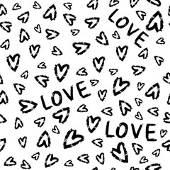 Typographic style seamless repeat pattern. Hand lettered text in black and white, hand drawn word love. Valentine's Day greeting card template, poster, wrapping paper.