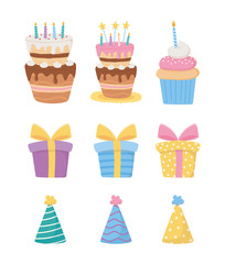 happy birthday, cakes with candles cupcake gift boxes party hats decoration celebration icons