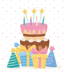 happy birthday, cake candles stars gifts hats party celebration