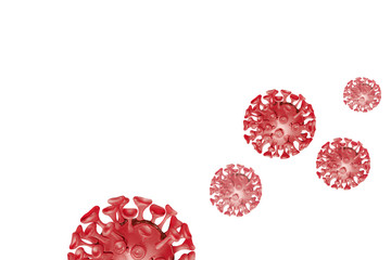 Grupo de partículas de virion es of Covid-19 coronavirus volumétric, rojo color, computer 3D model, isolated on white background, close-up, copy space.Medical mockup.Virus virion under a microscope