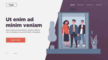 Positive people standing on elevator cab. Men and woman standing inside lift cabin with open doors. Vector illustration for architecture, transportation, technology concept © Bro Vector