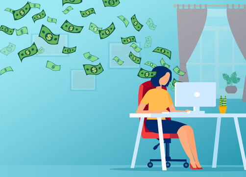 Vector Of A Woman Working On Computer From Home And Earnings Money