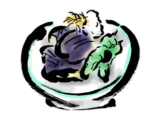 ナスの煮浸し,茄子の煮浸し,茄子の揚げ浸し,茄子,ナス,ナス料理,夏,一品,一品料理,ししとう,和食,居酒屋,日本料理,食べ物,料理,白バック,白背景,手描き,手書き,筆書き,筆描き,カット,挿絵,素材,イラスト,イラストレーション,墨絵,和風,手描き風,毛筆