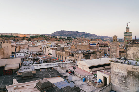 Main view of Fes Medina from terrace at sunset, Morocco