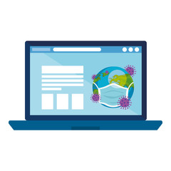 planet earth using face mask of covid19 in laptop vector illustration design