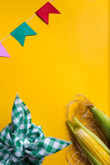 Brazilian typical corn cob, bundle and colorful flags june party "festa junina" yellow background frame
