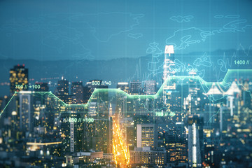 Double exposure of abstract creative statistics data hologram on San Francisco office buildings...