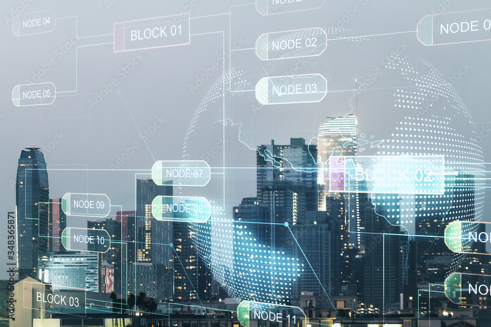 Poster multi exposure of abstract programming language hologram and world map on los angeles office buildin