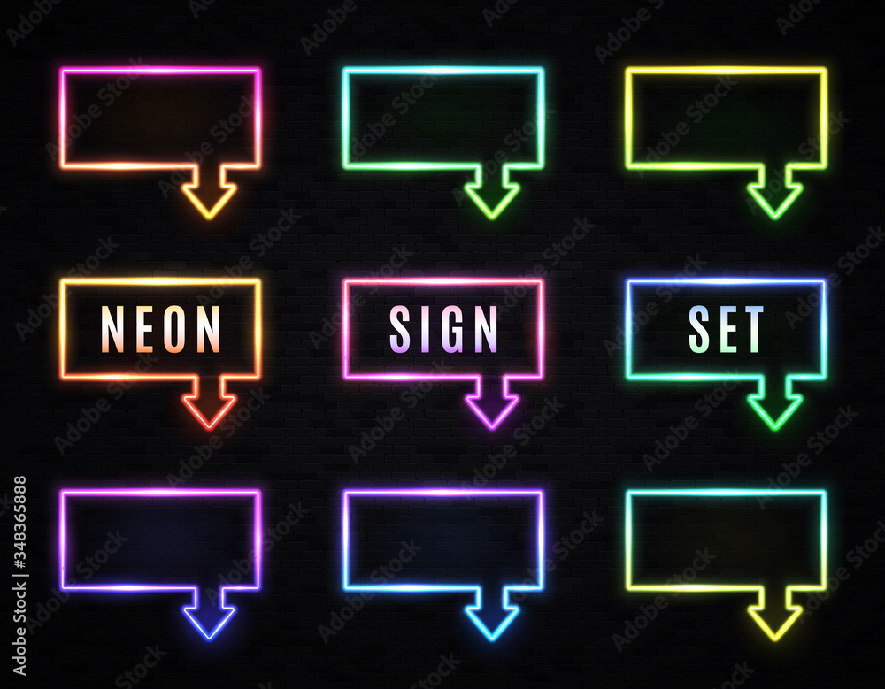 Poster neon square frame with arrow, empty place for text on black brick background. color gradient light e