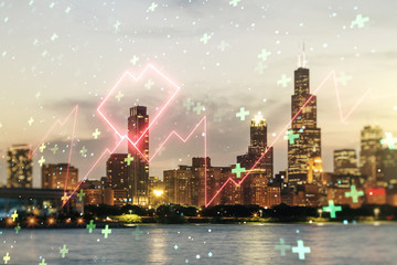 Double exposure of abstract virtual heart rate hologram on Chicago city skyscrapers background. Healthcare technolody concept