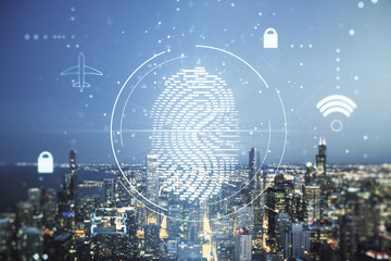 Multi exposure of virtual creative fingerprint hologram on Chicago skyscrapers background, personal biometric data concept