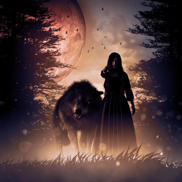 Woman and the Wolf in a dark mysterious foggy forest,3d rendering