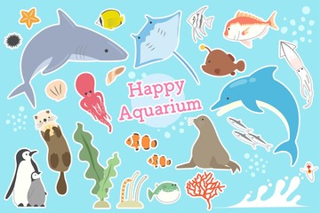 水族館にいる海洋生物の白フチのセット