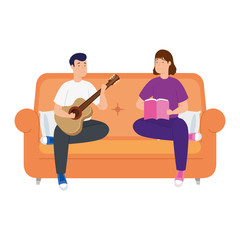 young couple reading and playing guitar vector illustration design