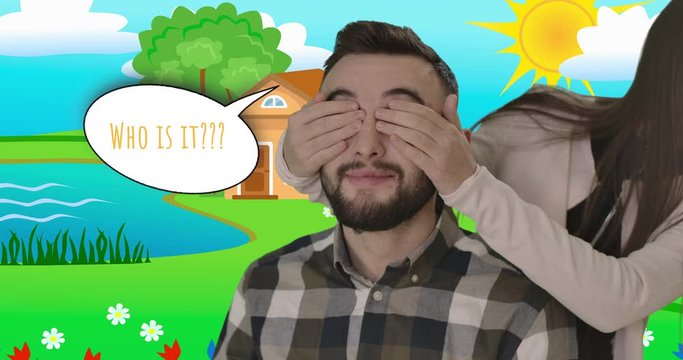 Close-up of young Caucasian bearded man on cartoon background with little girl coming and closing his eyes with hands. Think cloud with Who is it question appears. Father and daughter having fun.
