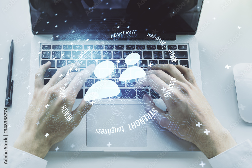Poster creative abstract people icons hologram and hands typing on computer keyboard on background, life an
