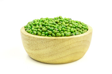 Mung bean in a wooden cup isolated on white background