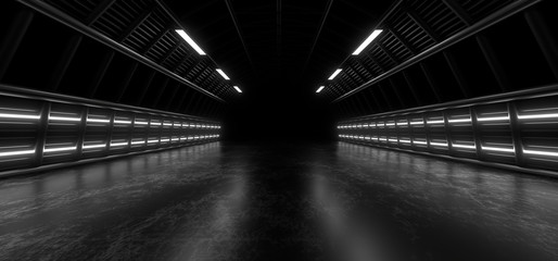 A dark tunnel of pipes illuminated by white neon lights and lamps. Blurred reflection on the floor. 3d rendering image.