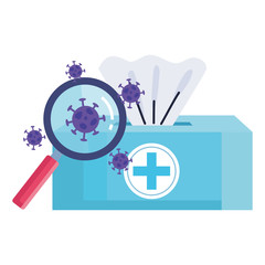 covid19 particles with magnifying glass and damp cloths vector illustration design