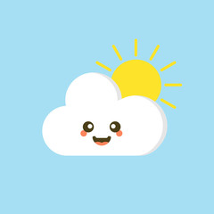 Colorful weather forecast icons. Funny cartoon sun and clouds. Adorable faces with various emotions. Flat vector for mobile app, social network sticker, children book or print. Cloud with sun