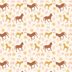 Autumn/fall leaves and horses seamless vector pattern. Hand drawn animal pattern.