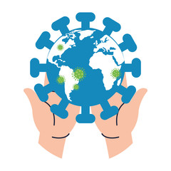 hands lifting planet earth with covid19 particles vector illustration design