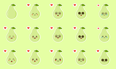 pear . Healthy Food concept. Emoji Emoticon collection. Cartoon characters for kids coloring book, colouring pages, t-shirt print, icon, logo, label, patch, sticker.  kawaii and cute modern  design 