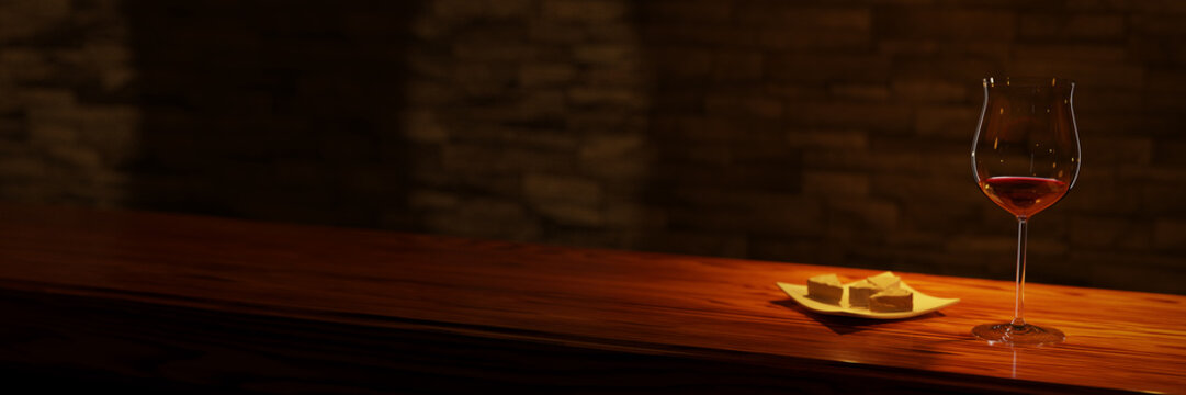 A glass of red wine on a bar counter with a cheese plate. 3D rendering.