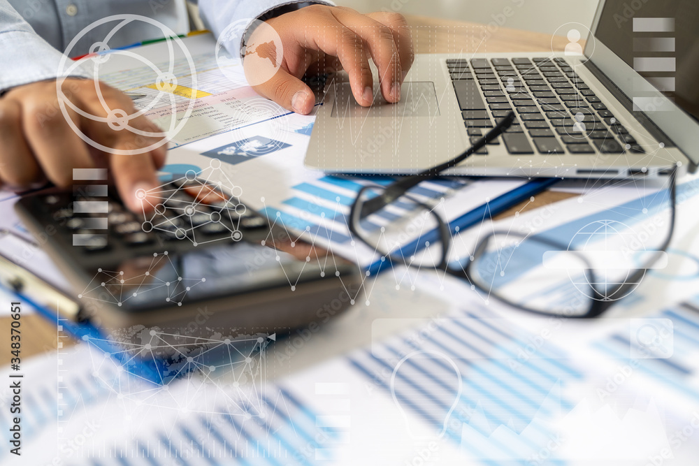 Aufkleber businessman work in office analysis chart graphy planning analyzing financial document data charts u