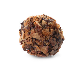 Delicious chocolate candy with waffle crumbles isolated on white