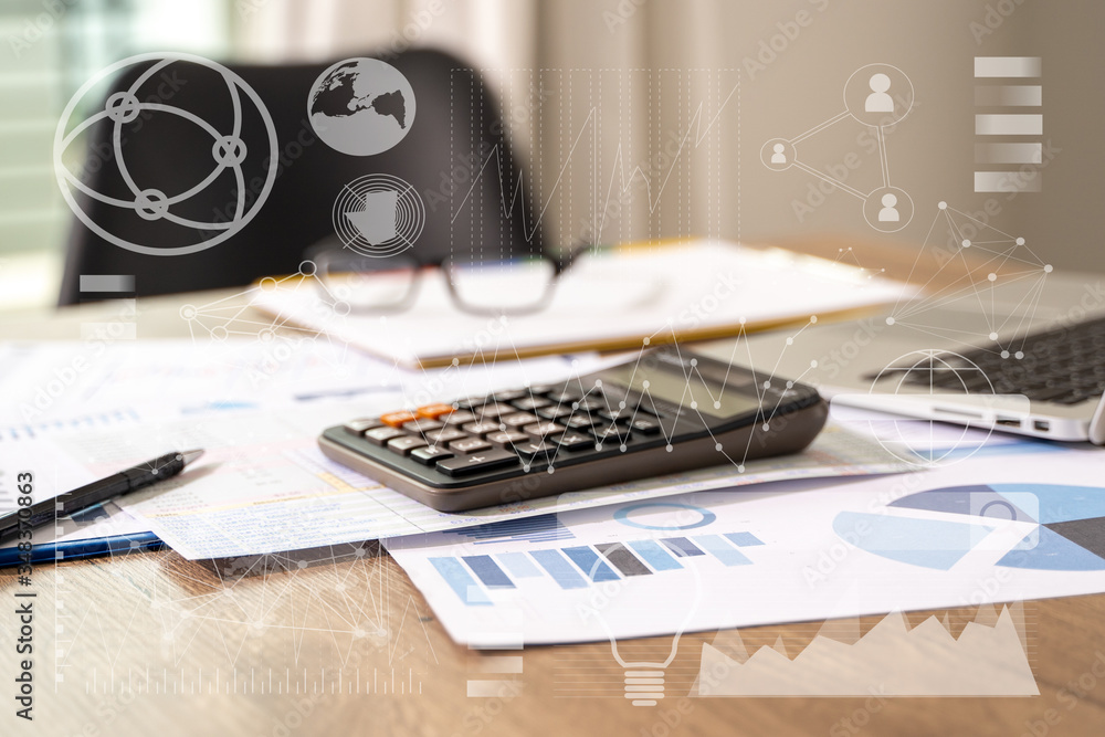Poster businessman work in office analysis chart graphy planning analyzing financial document data charts u