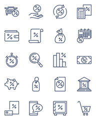 Bank interest line icon set. Loan product with percent sign, mortgage, debt, car credit, calculator, payment schedule, discount. Vector icon collection for economic, money, finance, investment topics