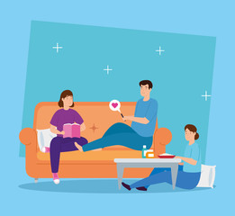 young people stay at home characters vector illustration design