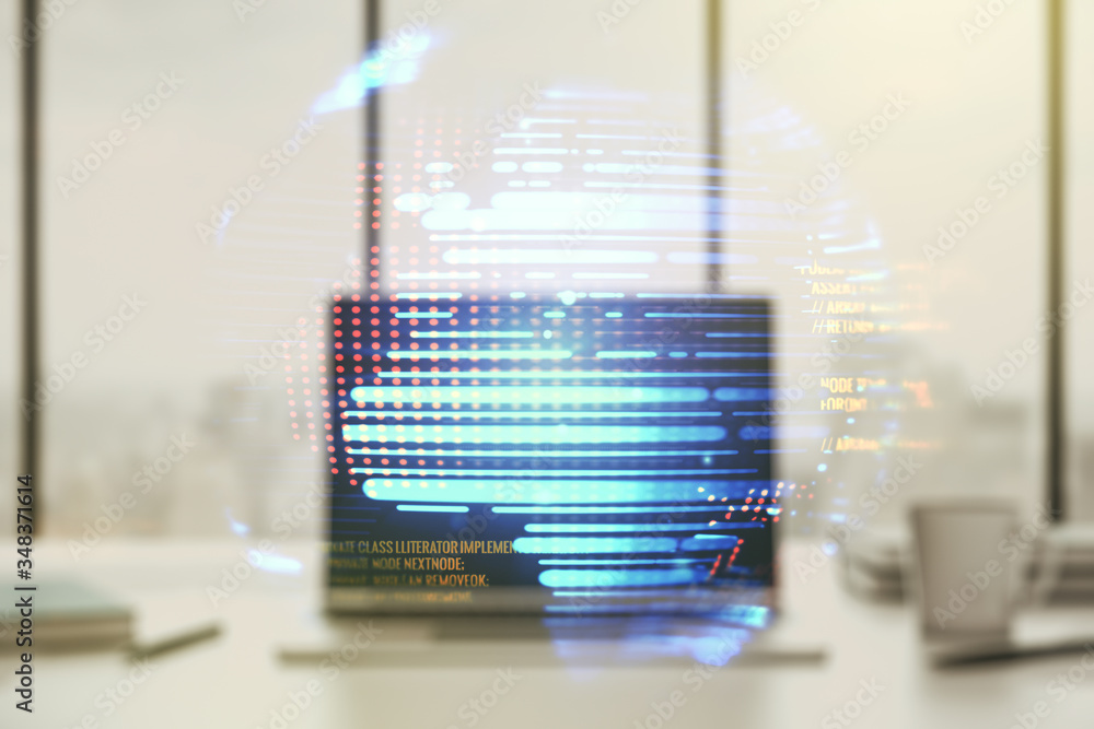 Poster abstract creative coding concept with world map on modern laptop background. multiexposure