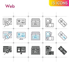 web icon set. included online shop, shop, money, discount icons on white background. linear, bicolor, filled styles.