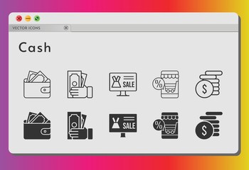 cash icon set. included online shop, wallet, money icons on white background. linear, filled styles.