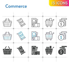 commerce icon set. included money, shopping cart, shopping-basket, shopping basket, trolley icons on white background. linear, bicolor, filled styles.
