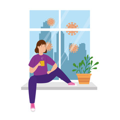 young woman stay at home in windows vector illustration design