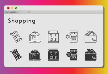 shopping icon set. included online shop, shopping bag, wallet, trolley icons on white background. linear, filled styles.